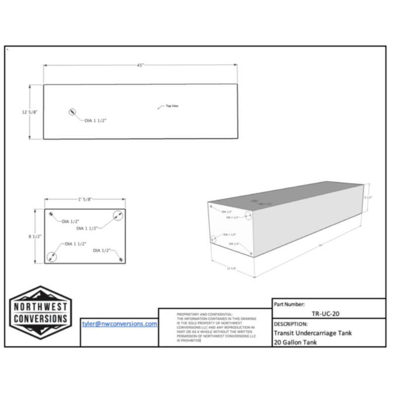 20 Gallon Transit Undercarriage Water Tank - Driver Side - Featherbuilt