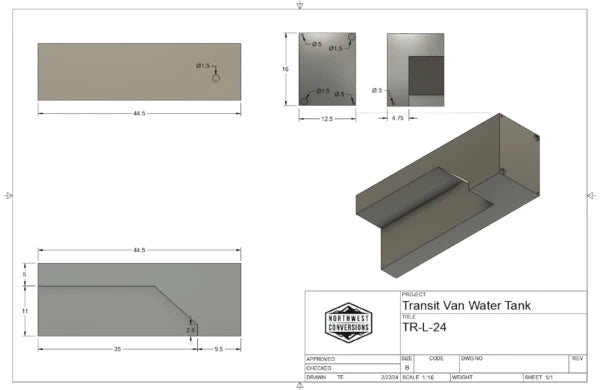 24 Gallon Ford Transit Wheel Well Water Tank - Driver Side - Featherbuilt