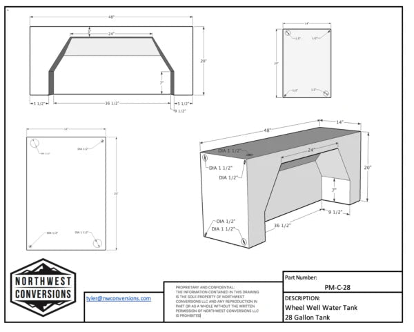 28 Gallon ProMaster Wheel Well Water Tank - Center - Featherbuilt