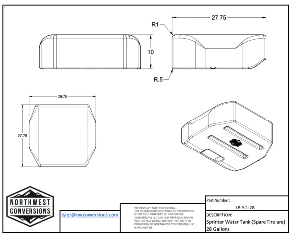 28 Gallon Sprinter Spare Tire Water Tank - Featherbuilt