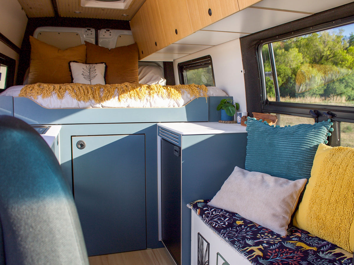 Mars galley cabinets and bench seat with throw pillows