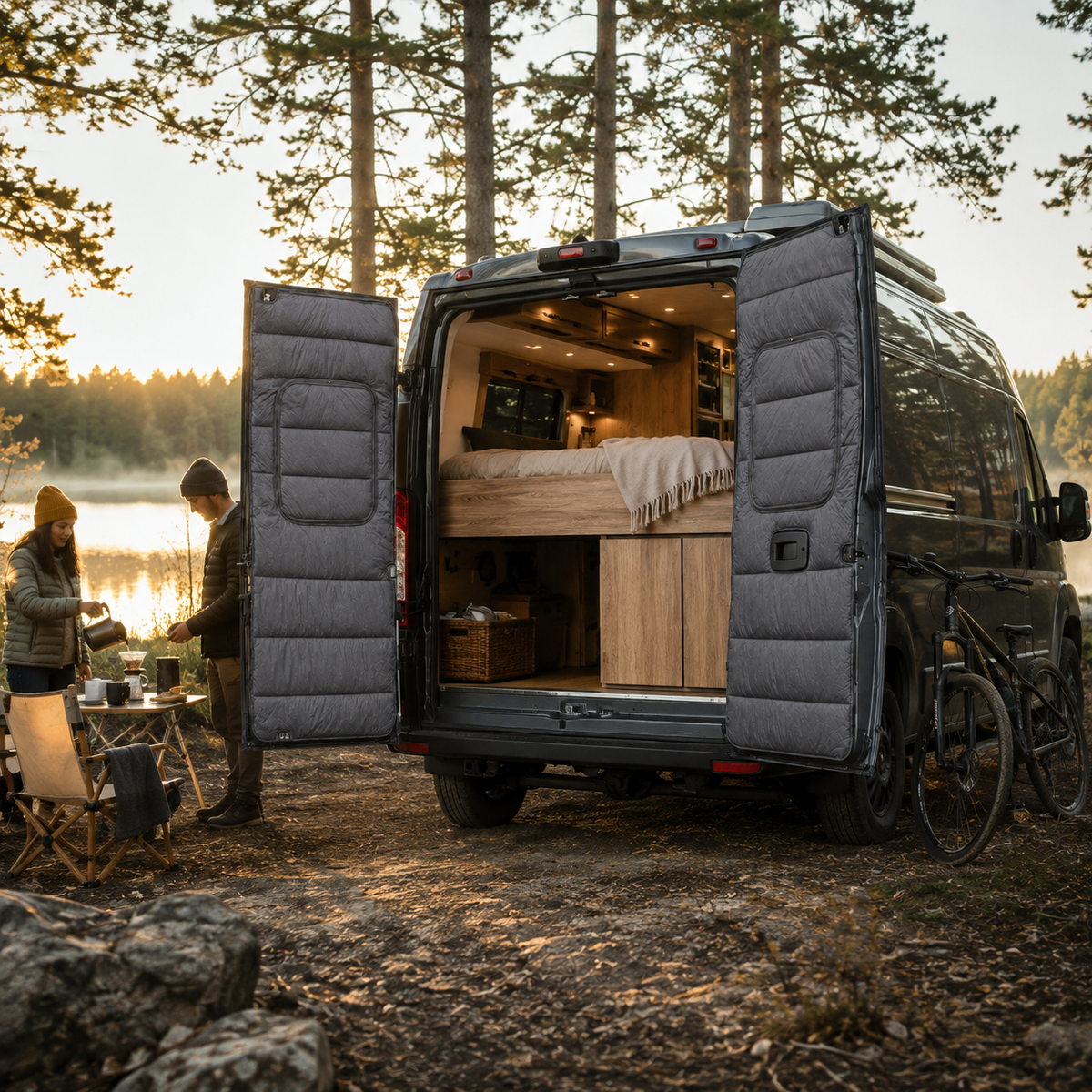 Maxx Cover Lite insulated rear door covers for the Ram ProMaster High Roof, at a lakeside breakfast