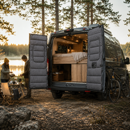 Maxx Cover Pro insulated rear door covers for the Ram ProMaster High Roof, at a lakeside breakfast