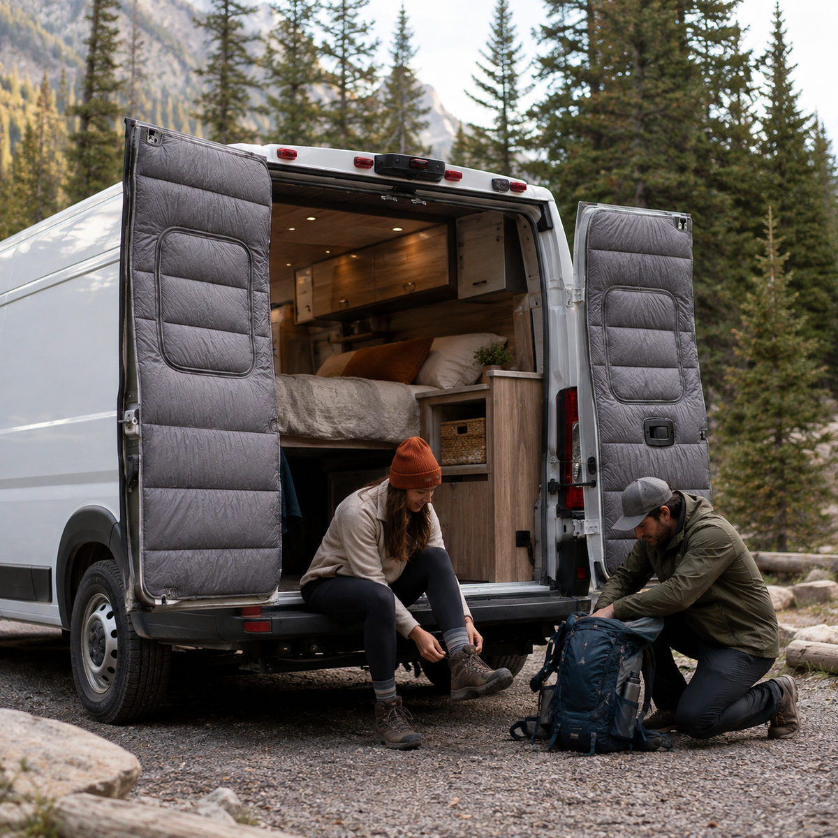 Maxx Cover Pro insulated rear door covers for the Ram ProMaster High Roof, at a trailhead