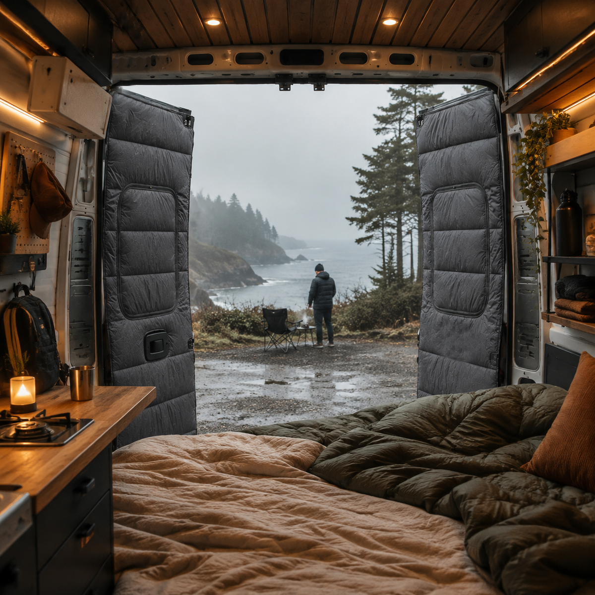 Maxx Cover Pro insulated rear door covers for the Ram ProMaster High Roof, inside the van on a rainy day