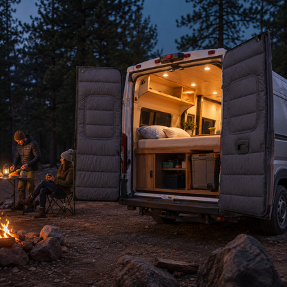 Maxx Cover Pro insulated rear door covers for the Ram ProMaster High Roof, at camp in the evening
