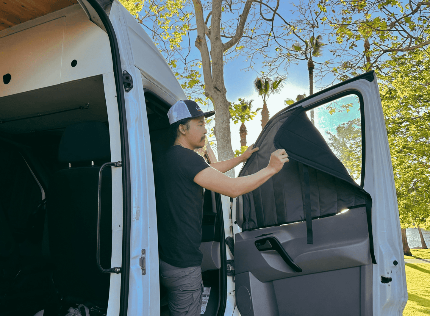 Mercedes Sprinter Stealth Front Door Window Covers (Pair) - Featherbuilt
