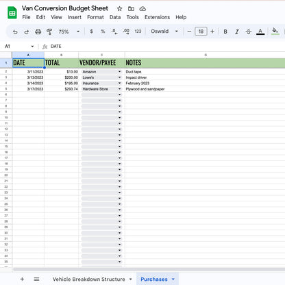Van Conversion Budget Sheet